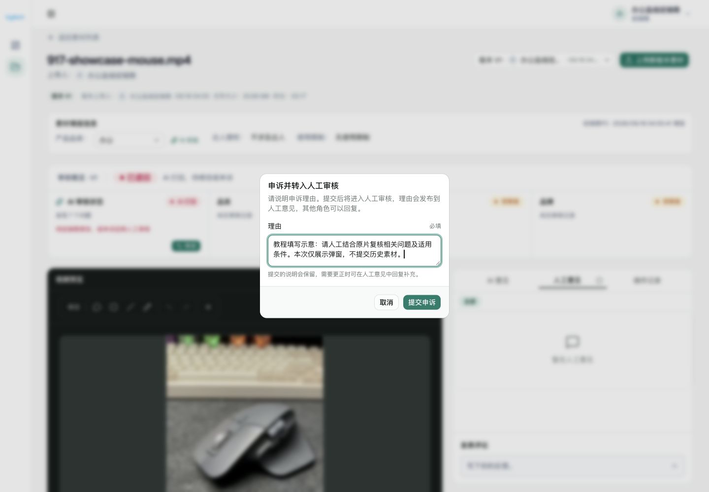 申诉理由必填；此截图是填写示意，已取消未提交。